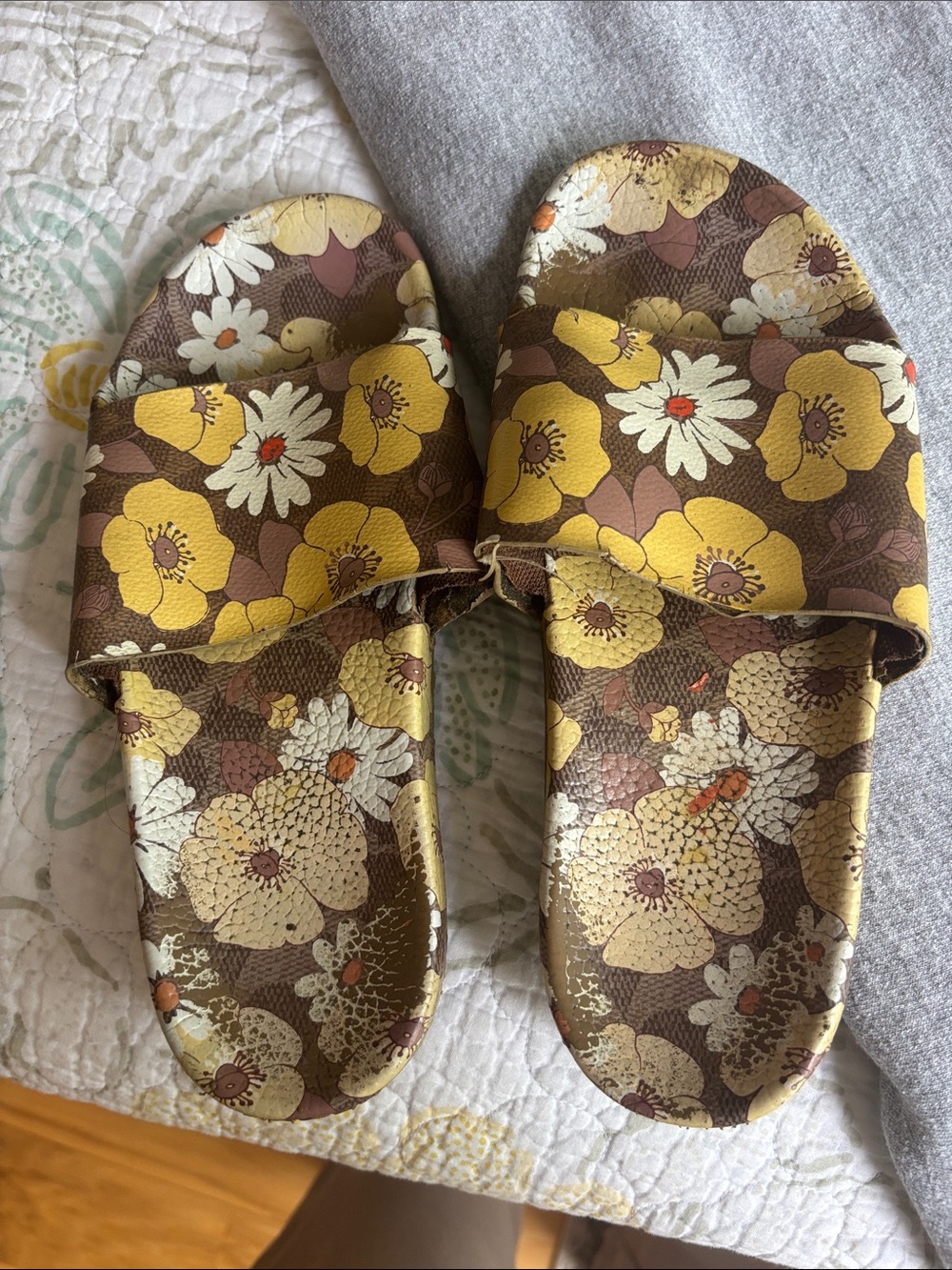 Coach Brown Floral Slide Sandals with Yellow & Cream Flowers